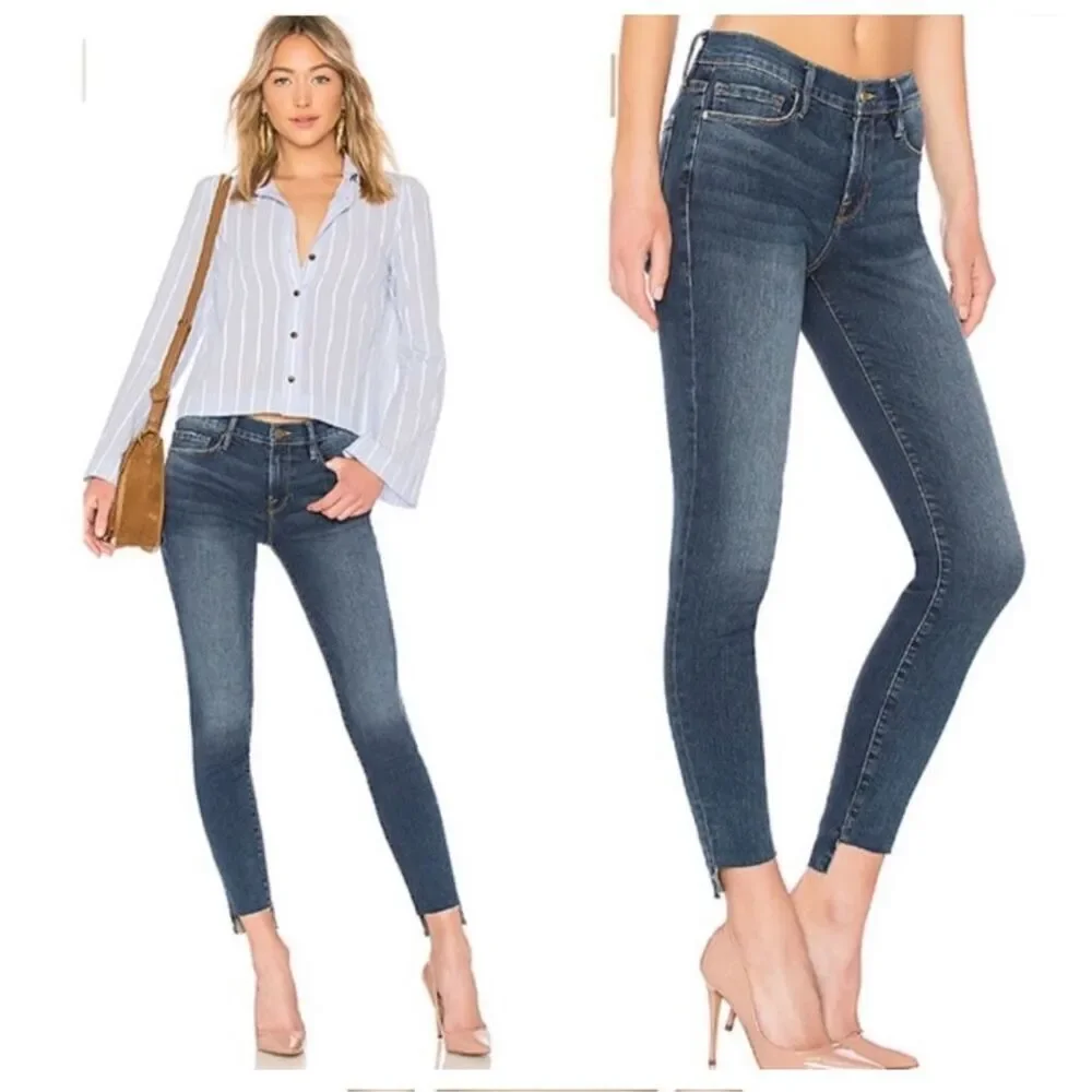 FRAME Denim Le Skinny de Jeanne Dark Wash High Low Cut Out Ankle Jeans Size 26